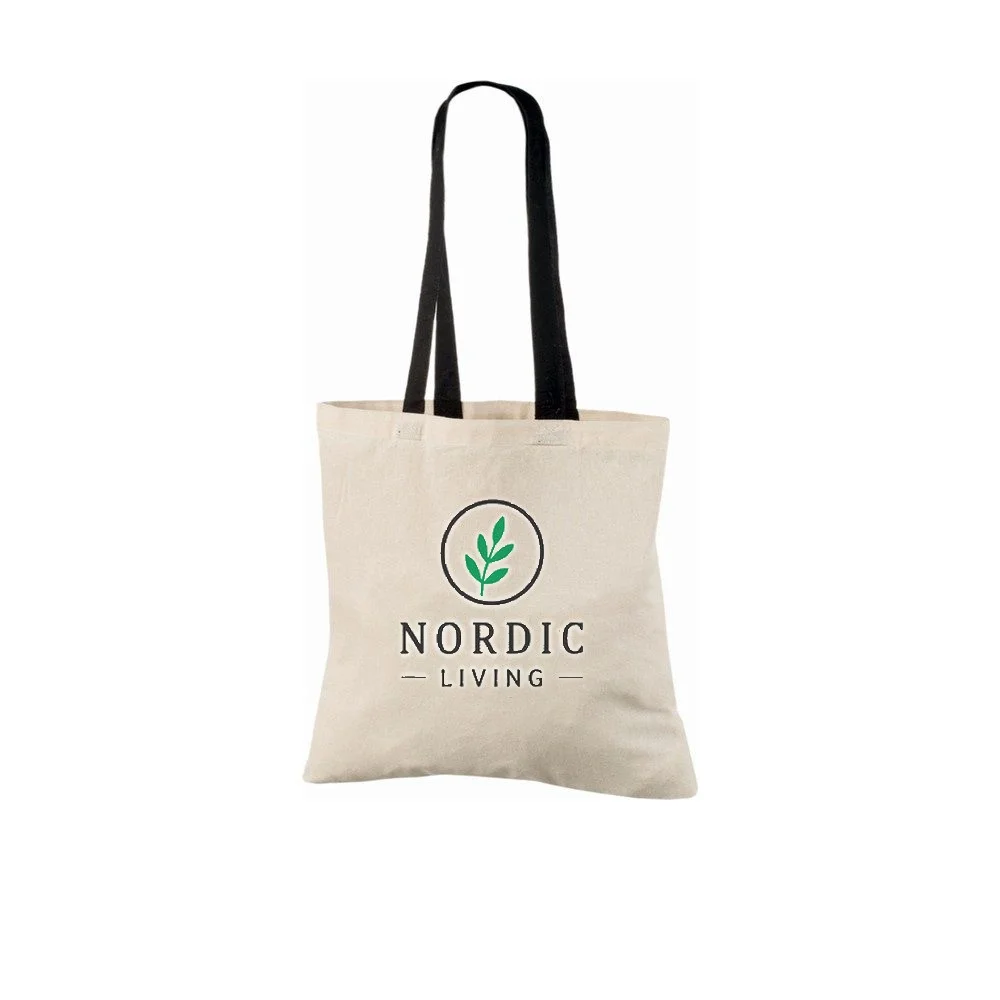 Bomuldspose, hanke i kontrastfarve, med eksempel på logotryk i to farver – natur/sort