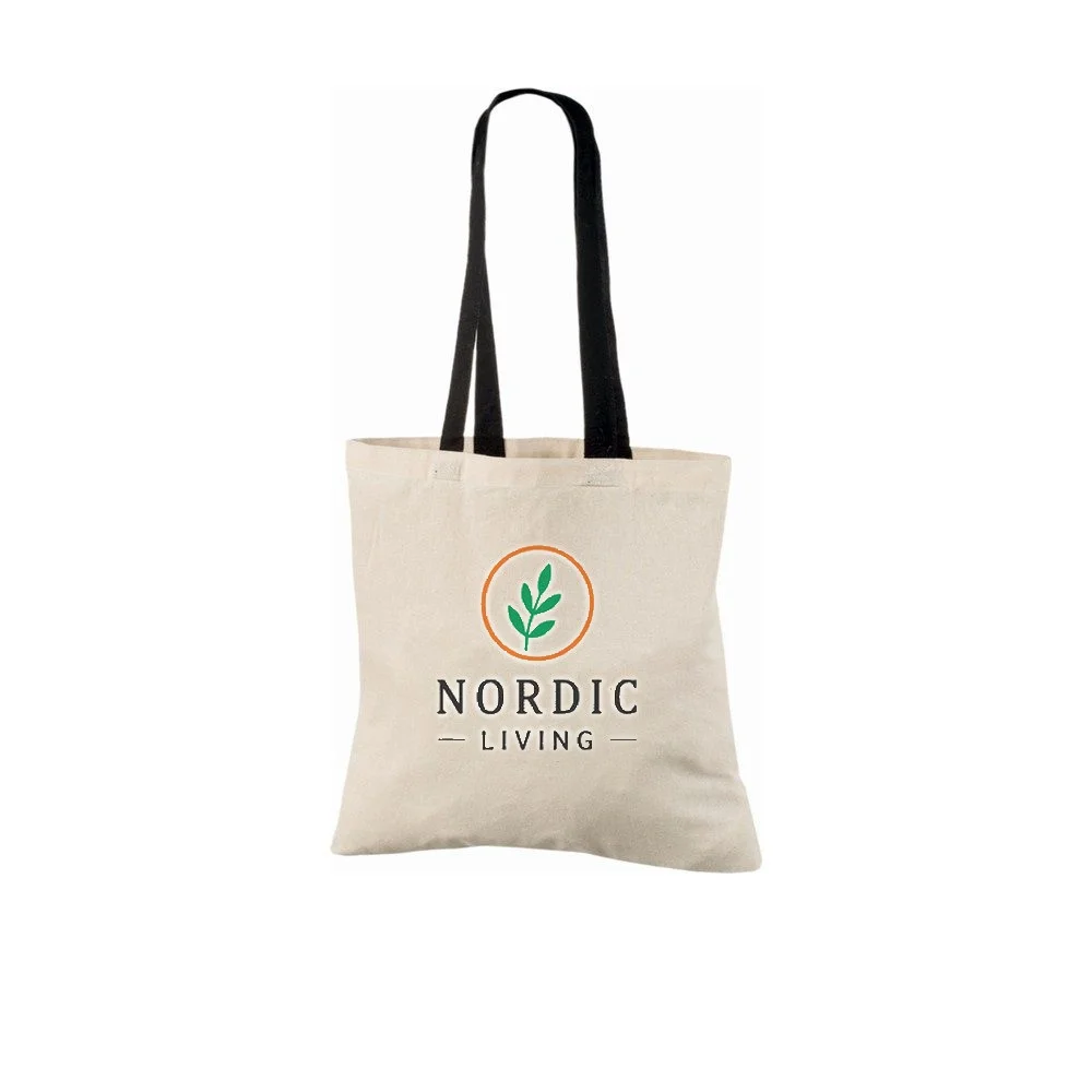 Bomuldspose, hanke i kontrastfarve, med eksempel på logotryk i tre farver – natur/sort