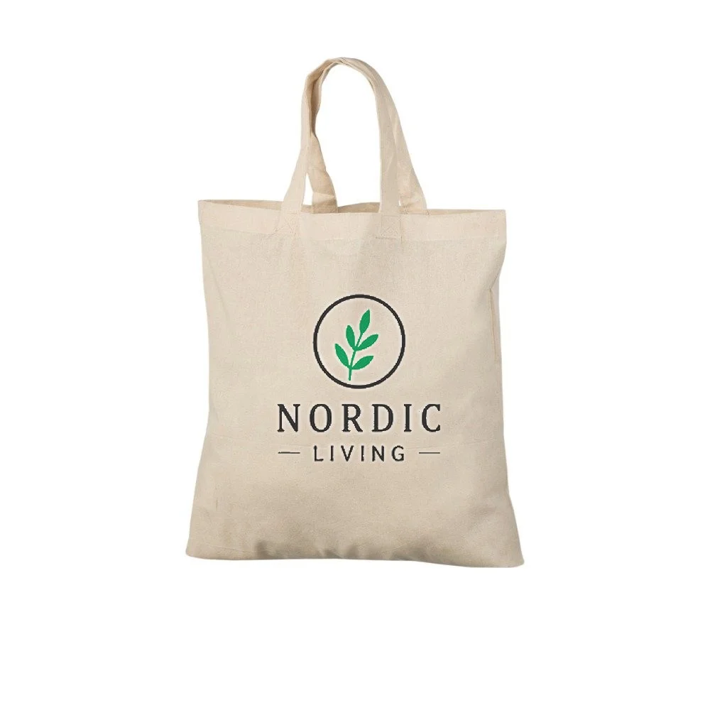 Bomuldspose, korte hanke, med eksempel på logotryk i to farver – natur