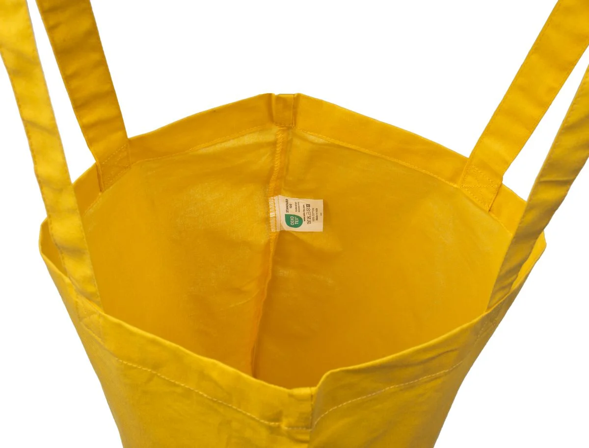 Bomuldspose, 140 g/m², inderside med etiket – gul
