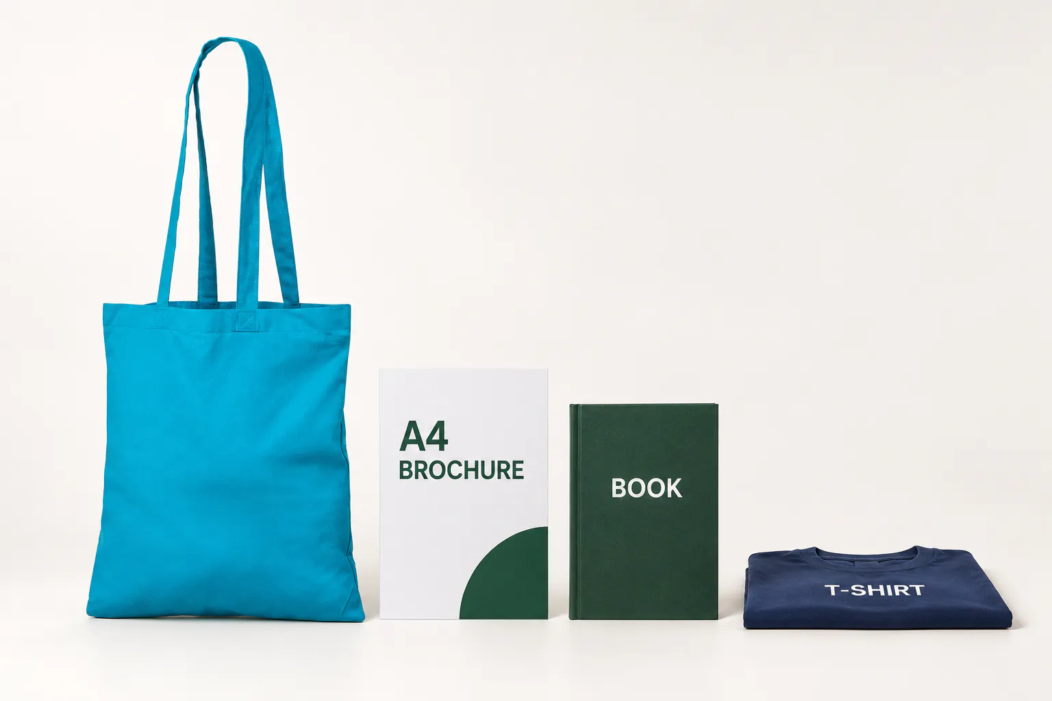 Lyseblå bomuldspose ved siden af en A4-brochure, en bog og en foldet T-shirt.