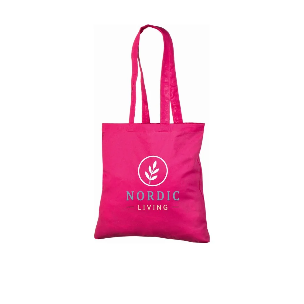 Bomuldspose, 140 g/m², med eksempel på logotryk i tre farver – magenta
