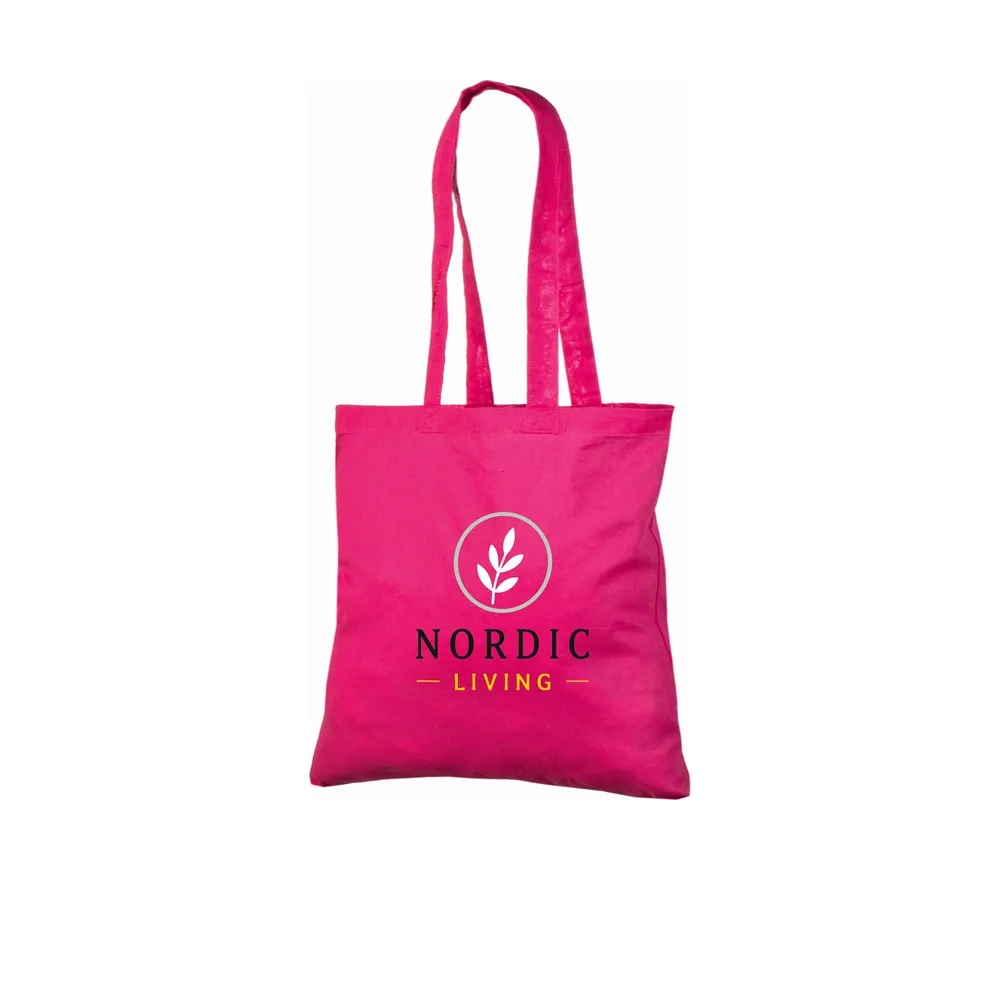 Bomuldspose, 140 g/m², med eksempel på logotryk i fire farver – magenta