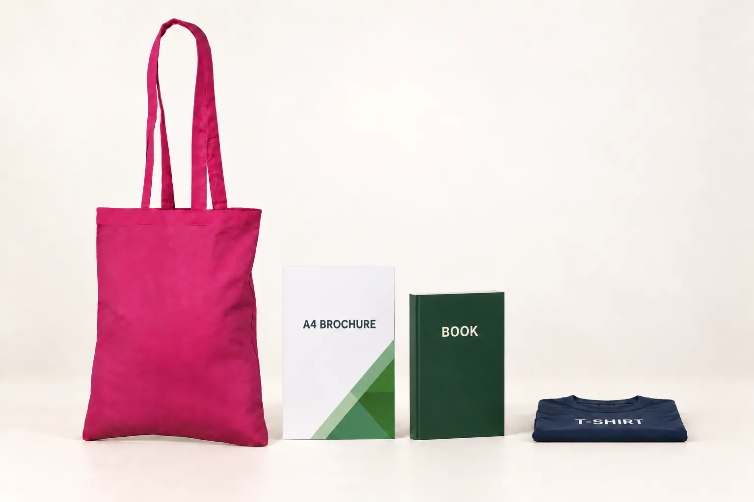 Magenta bomuldspose ved siden af en A4-brochure, en bog og en foldet T-shirt.
