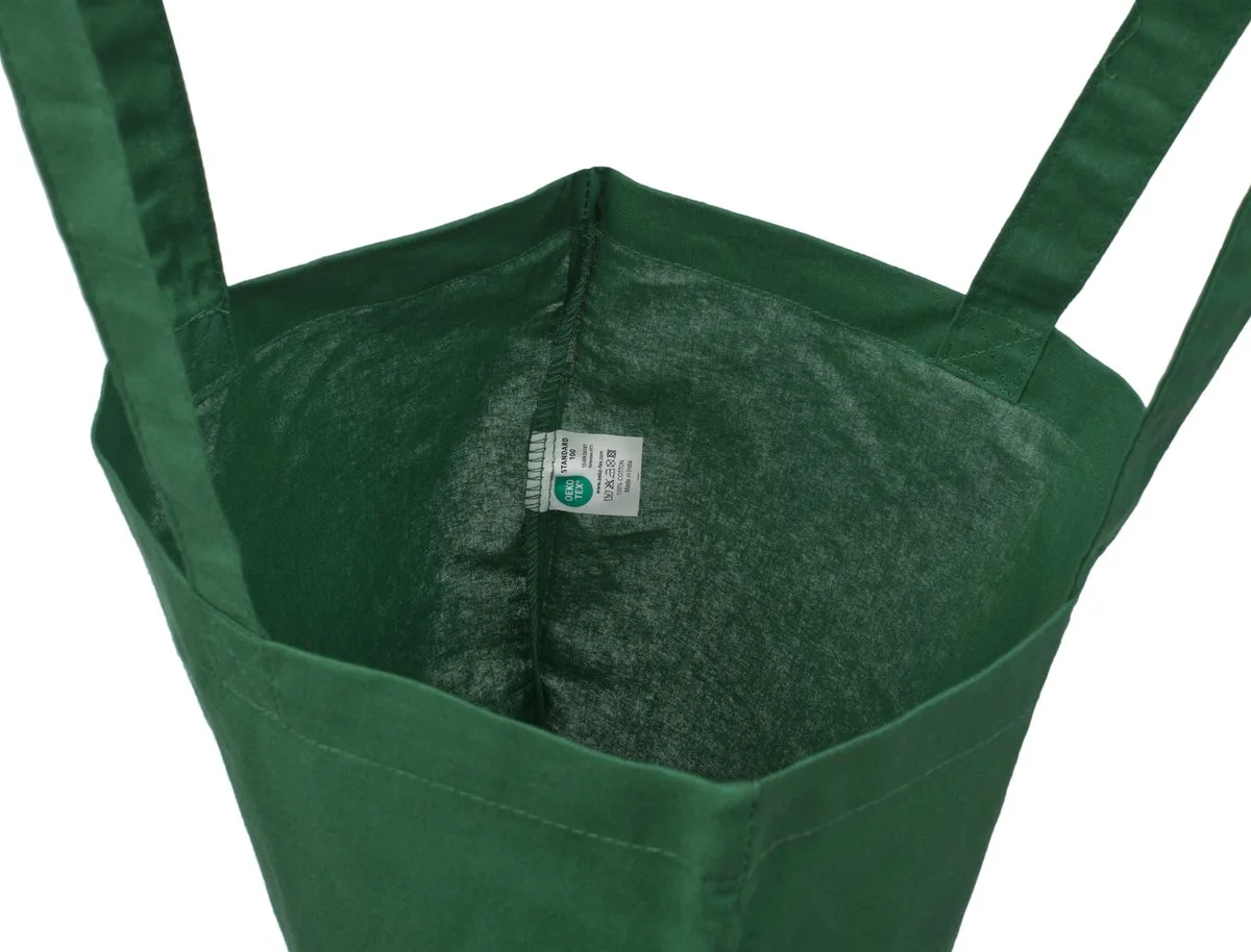 Bomuldspose, 140 g/m², inderside med etiket – mørkegrøn
