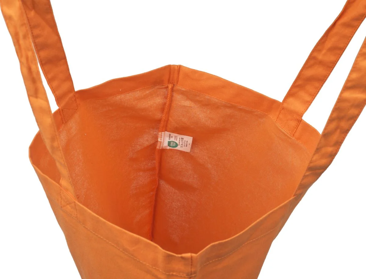 Bomuldspose, 140 g/m², inderside med etiket – orange