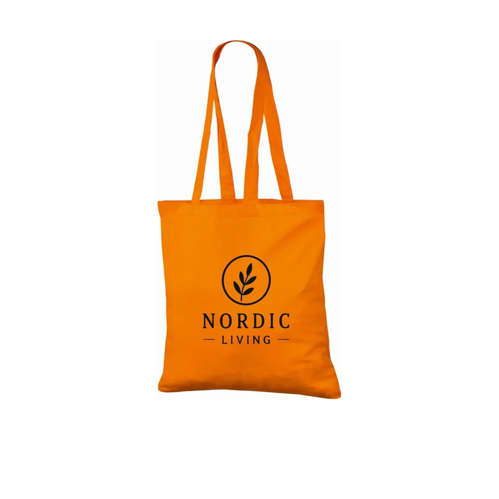 Bomuldspose, 140 g/m², med eksempel på logotryk i én farve – orange