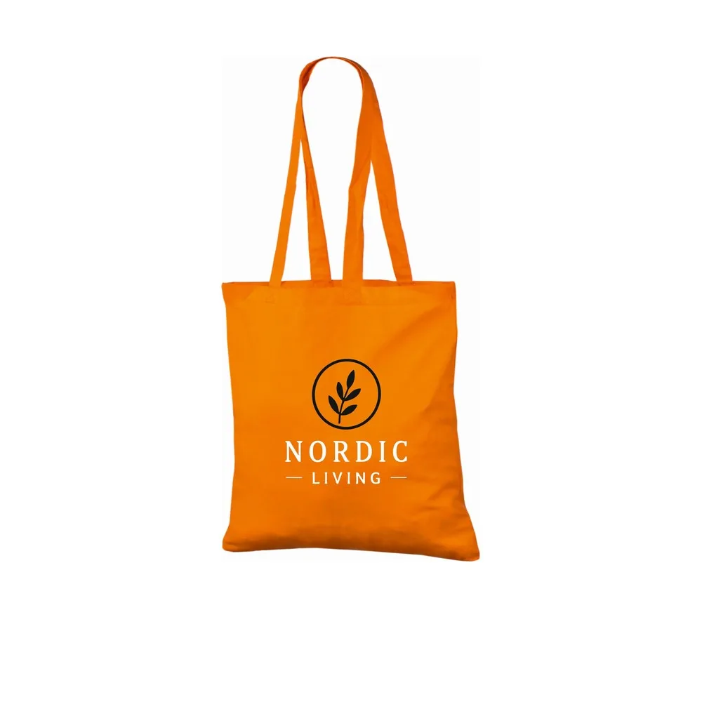 Bomuldspose, 140 g/m², med eksempel på logotryk i to farver – orange