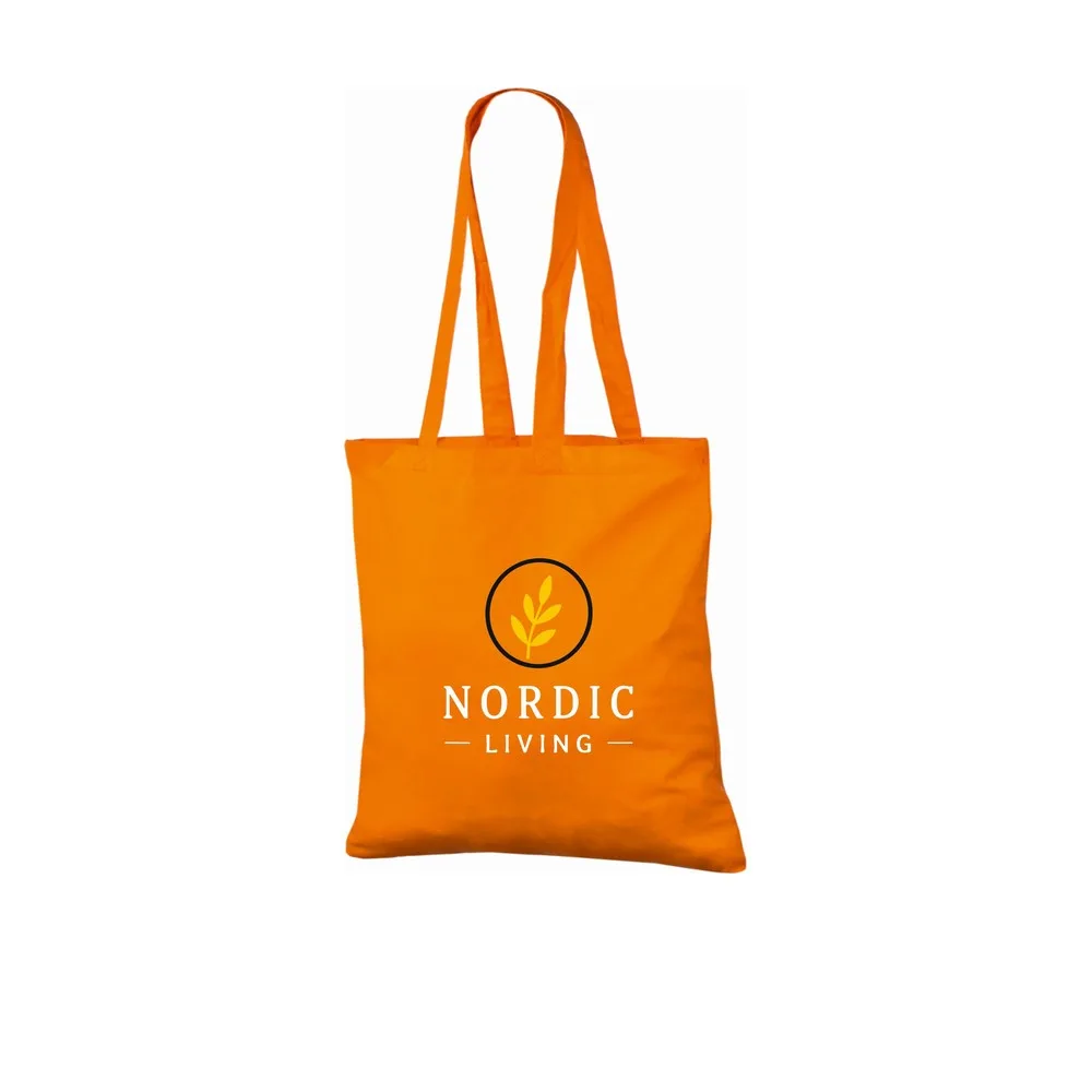 Bomuldspose, 140 g/m², med eksempel på logotryk i tre farver – orange