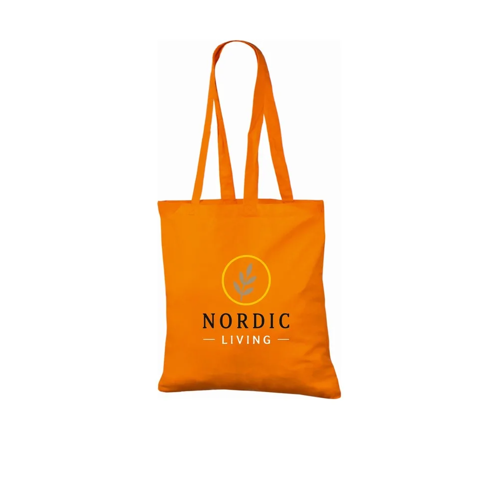 Bomuldspose, 140 g/m², med eksempel på logotryk i fire farver – orange