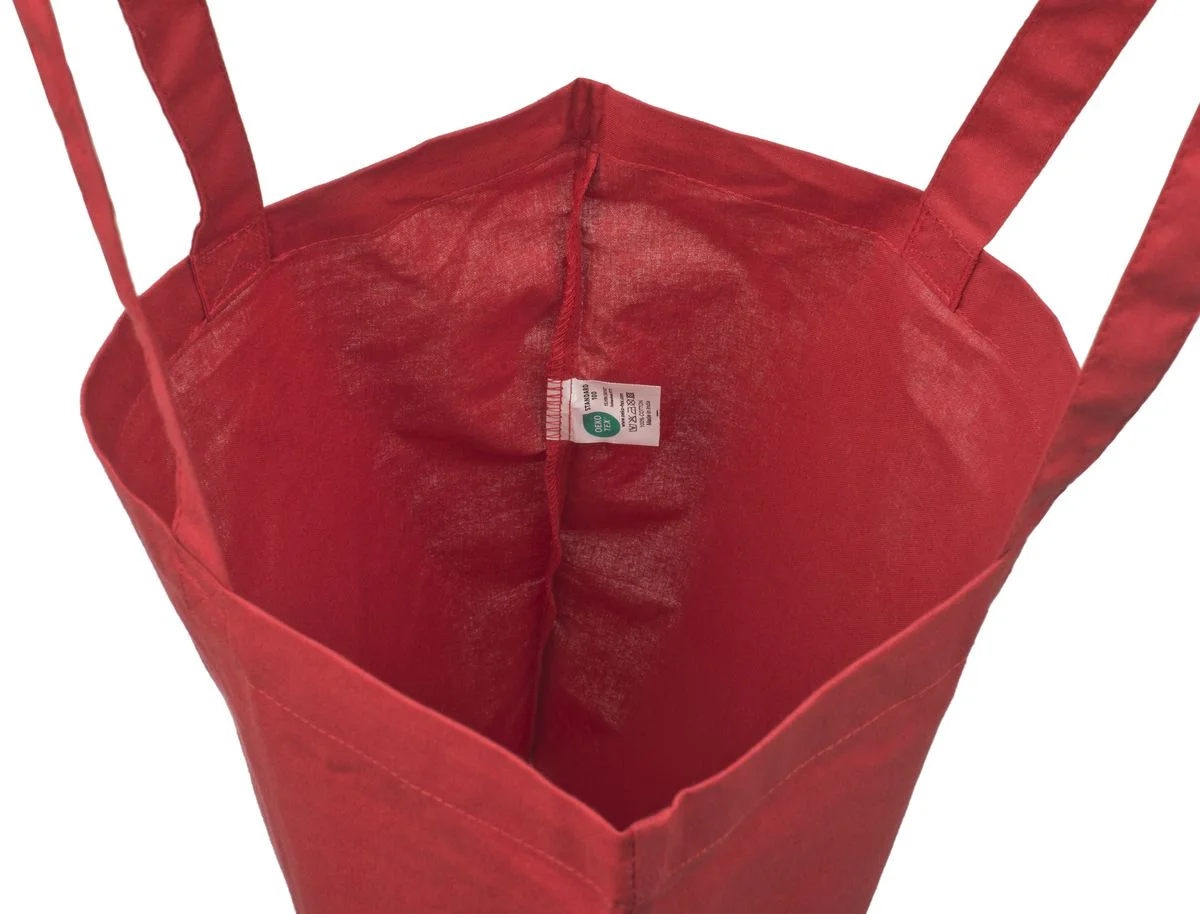 Bomuldspose, 140 g/m², inderside med etiket – rød