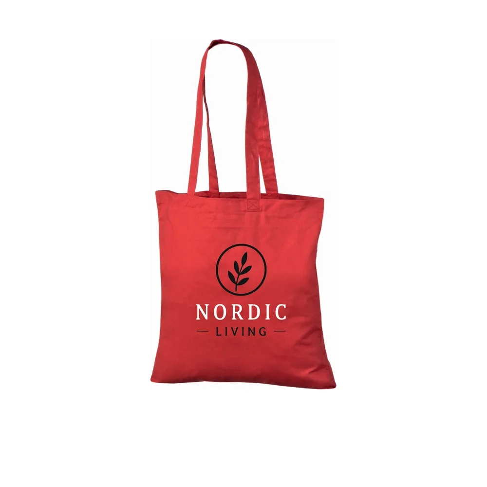 Bomuldspose, 140 g/m², med eksempel på logotryk i to farver – rød