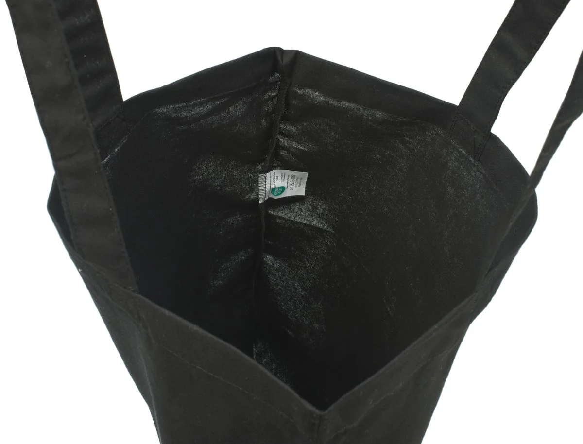 Bomuldspose, 140 g/m², inderside med etiket – sort