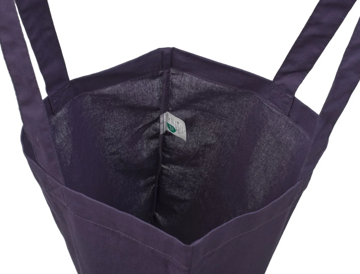 Bomuldspose, 140 g/m², inderside med etiket – violet