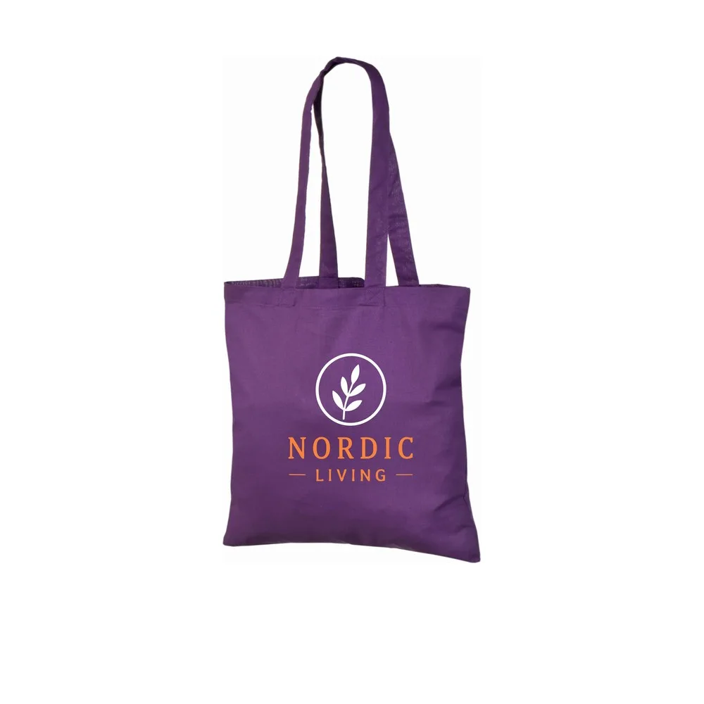 Bomuldspose, 140 g/m², med eksempel på logotryk i to farver – violet