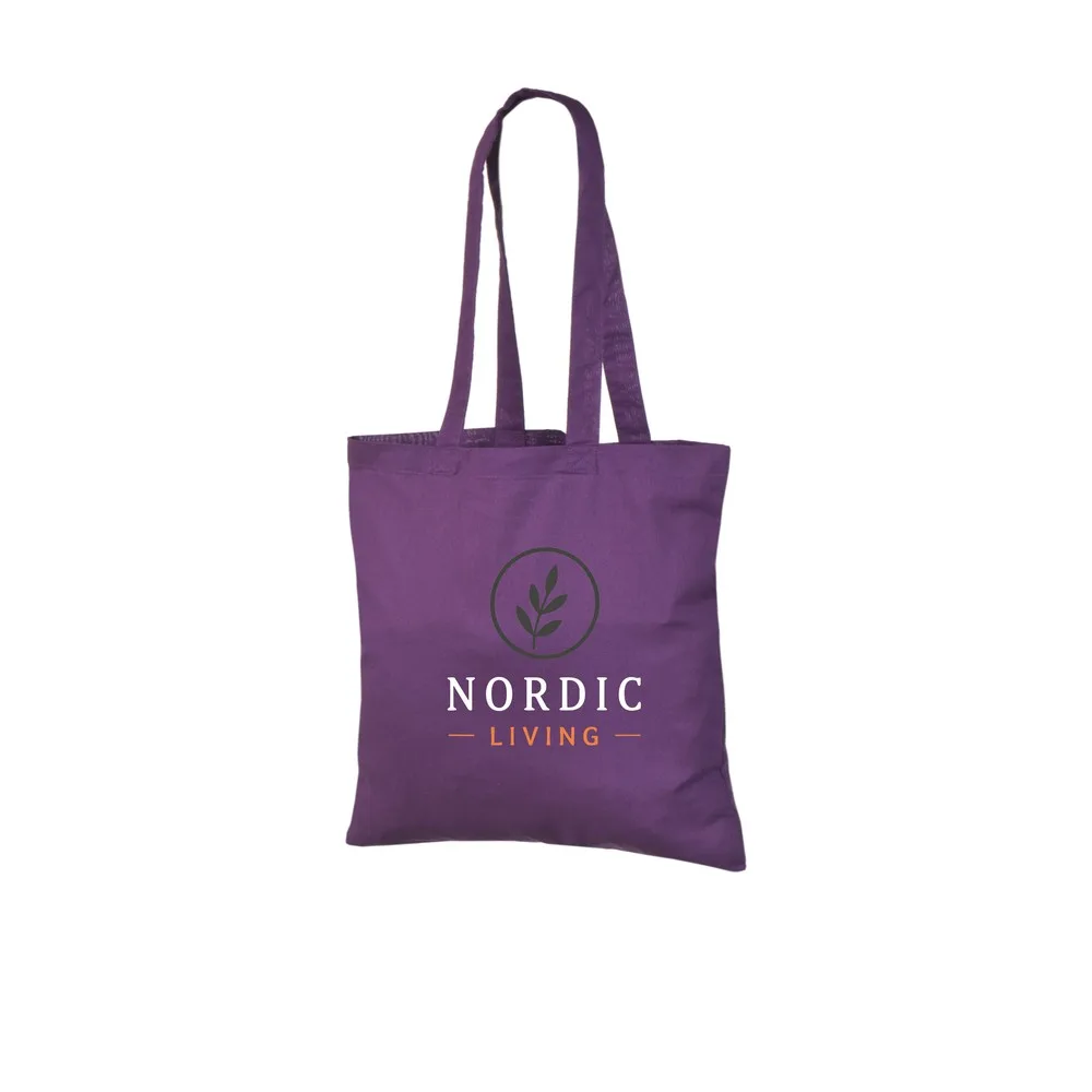 Bomuldspose, 140 g/m², med eksempel på logotryk i tre farver – violet