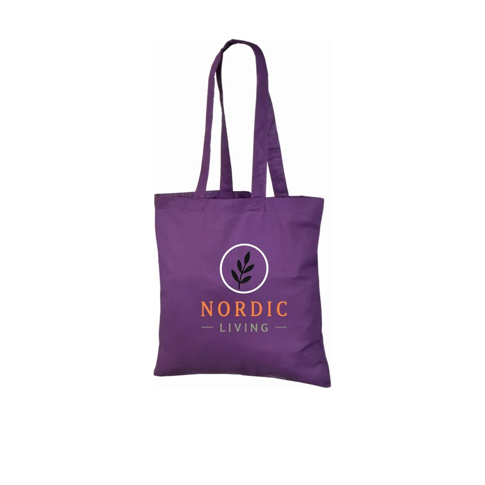 Bomuldspose, 140 g/m², med eksempel på logotryk i fire farver – violet