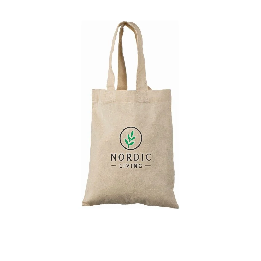 Bomuldspose, 22 × 26 cm, med eksempel på logotryk i to farver – natur