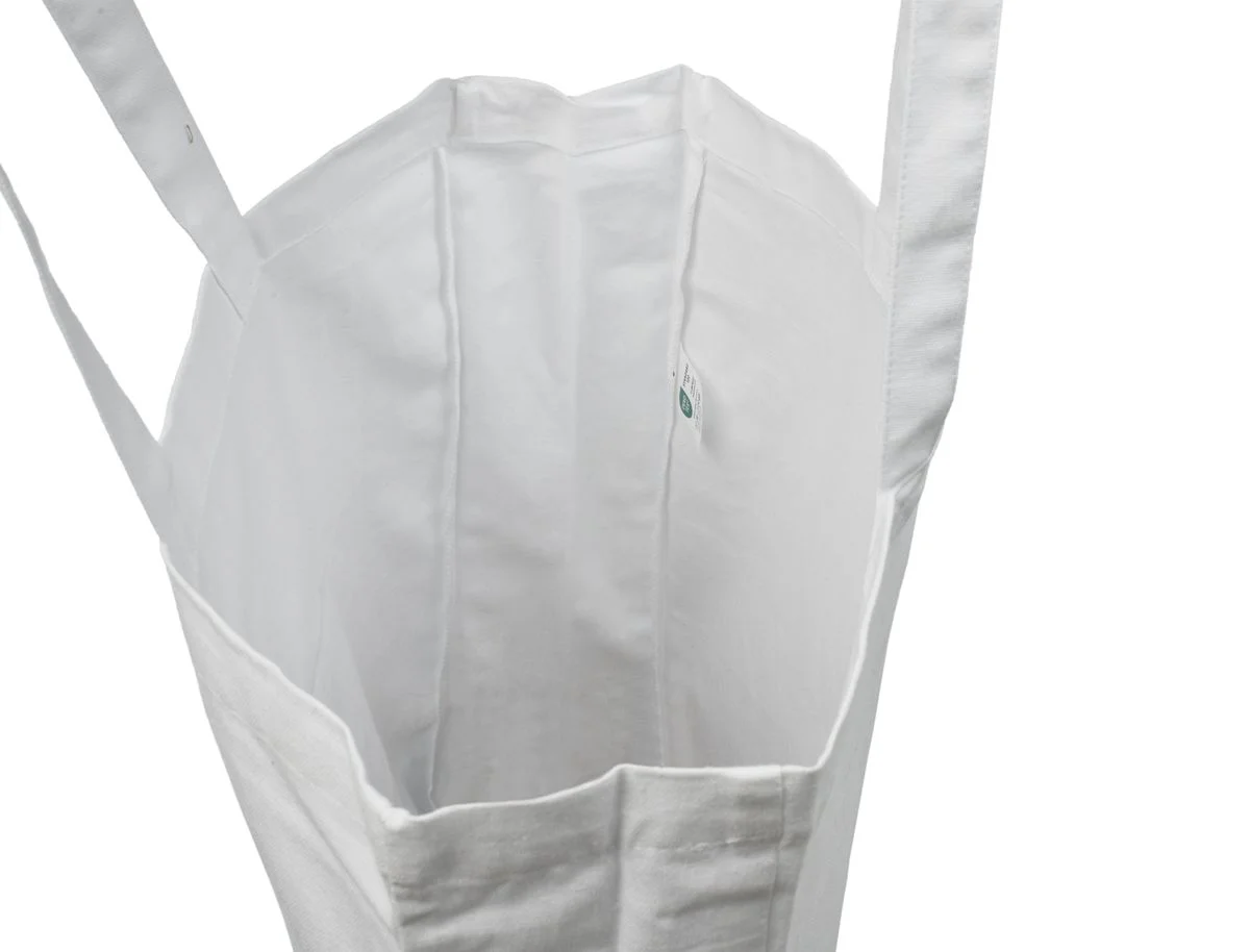 Bomuldspose med fals, 220 g/m², inderside med etiket – hvid