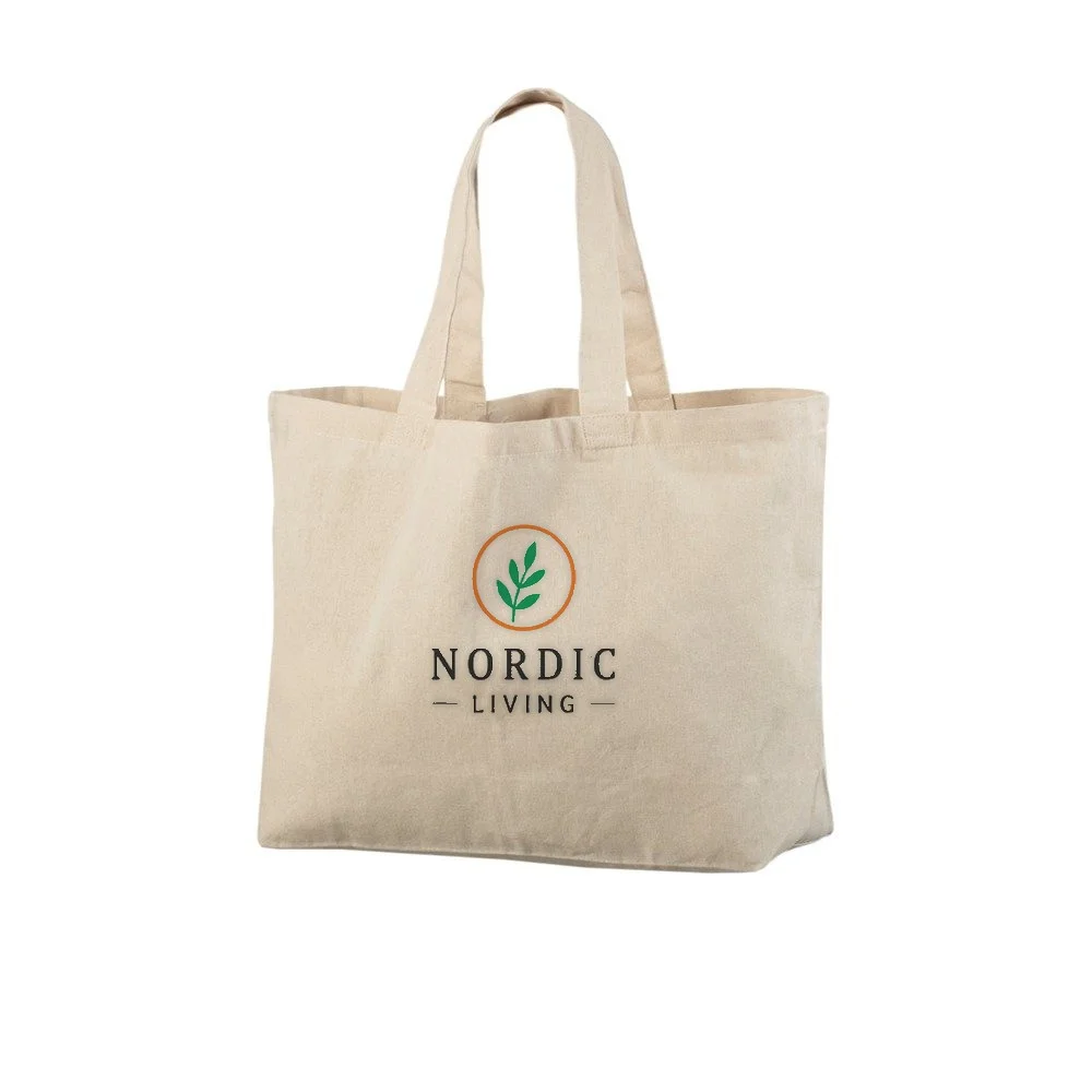 Bomuldspose, XL, med eksempel på logotryk i tre farver – natur
