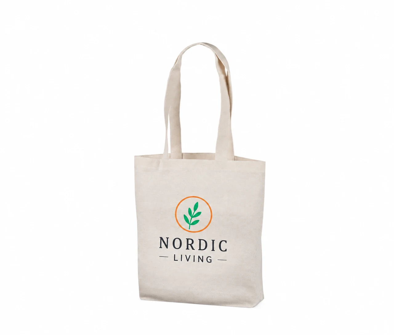 Bomuldspose, 35 × 35 cm, med eksempel på logotryk i tre farver – natur