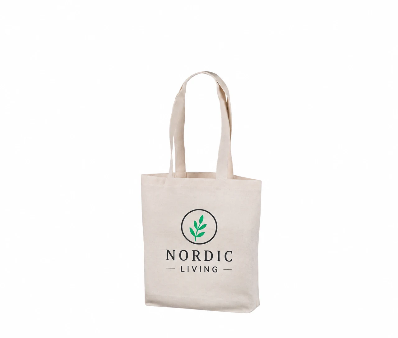 Bomuldspose, 35 × 35 cm, med eksempel på logotryk i to farver – natur