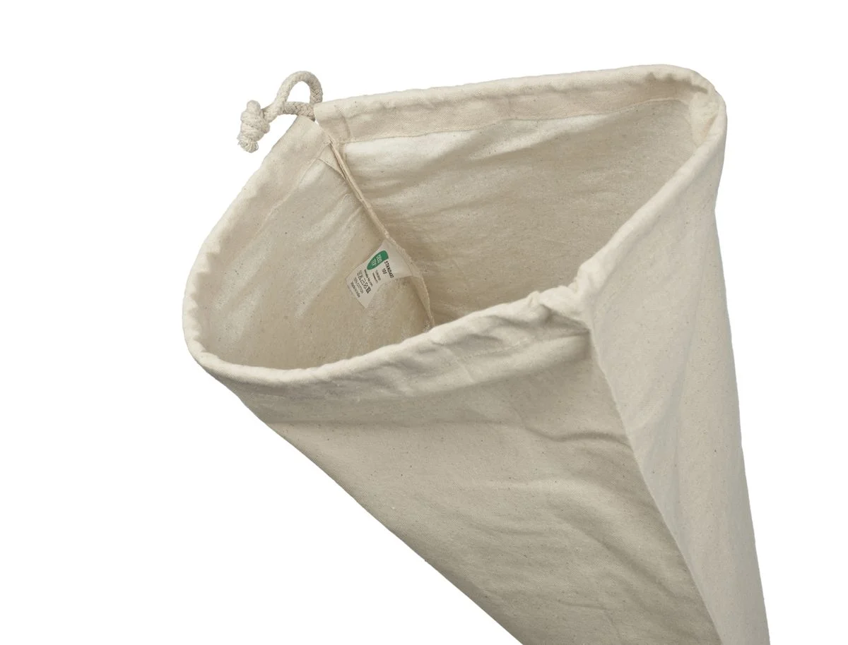 Bomuldspose, 24 × 30 cm, åbning og indvendig etiket – natur