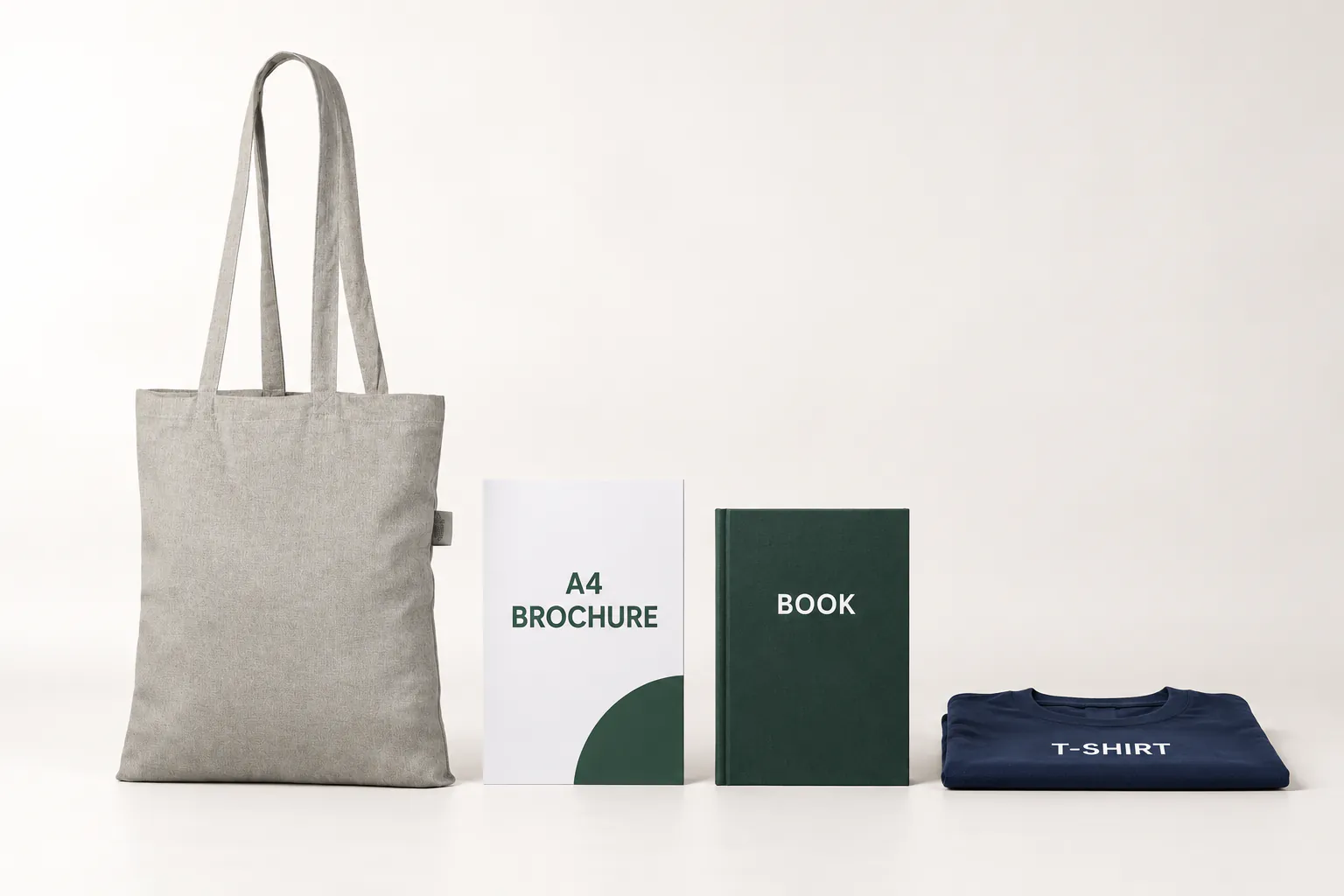 Lysegrå genanvendt mulepose ved siden af en A4-brochure, en bog og en foldet T-shirt.