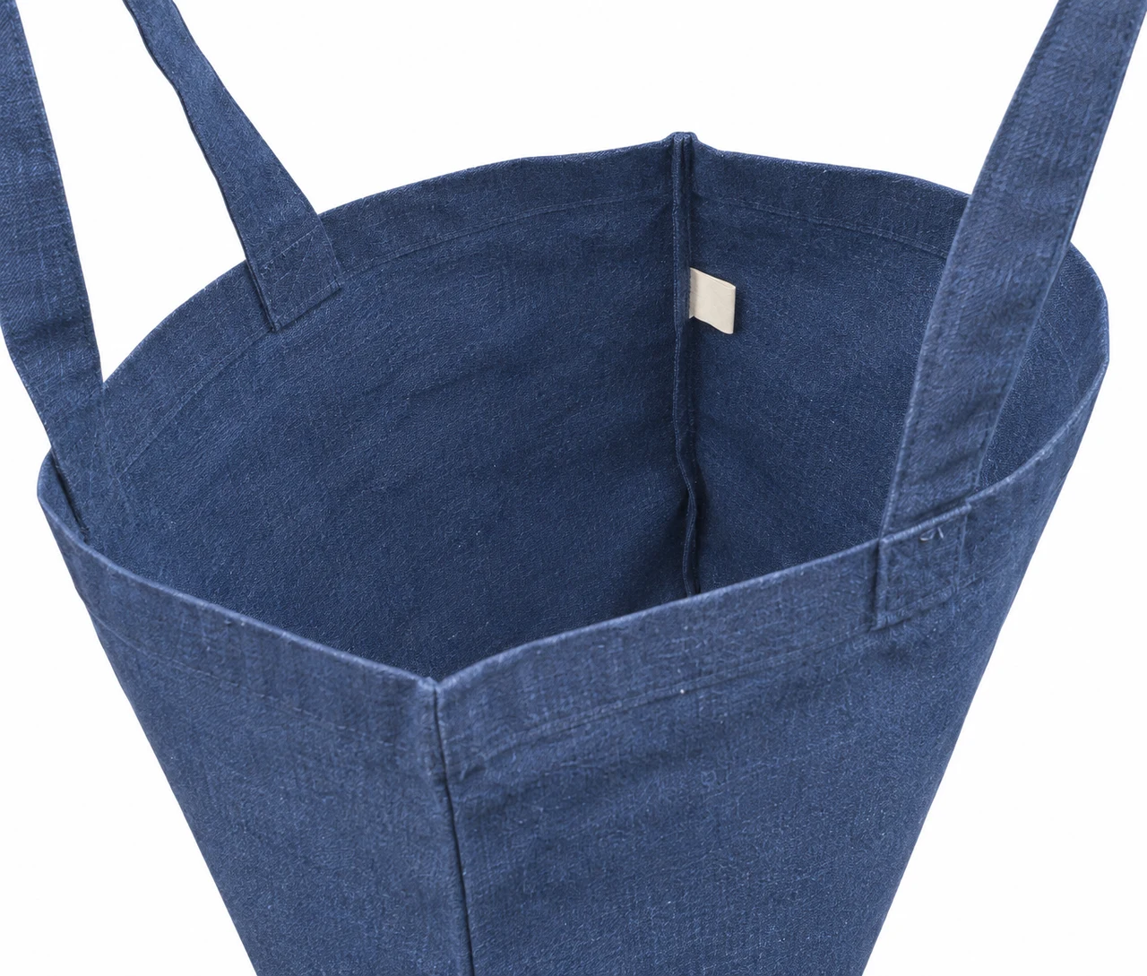 Genanvendt mulepose, 150 g/m², åbning og indvendig etiket – jeansblå