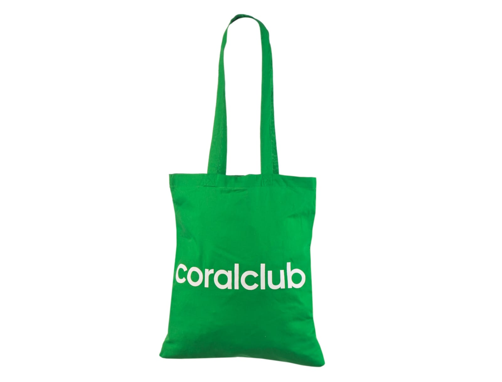 Lysegrøn bomuldspose med lange hanke og hvidt Coralclub-ordlogo på den nederste del af forsiden.