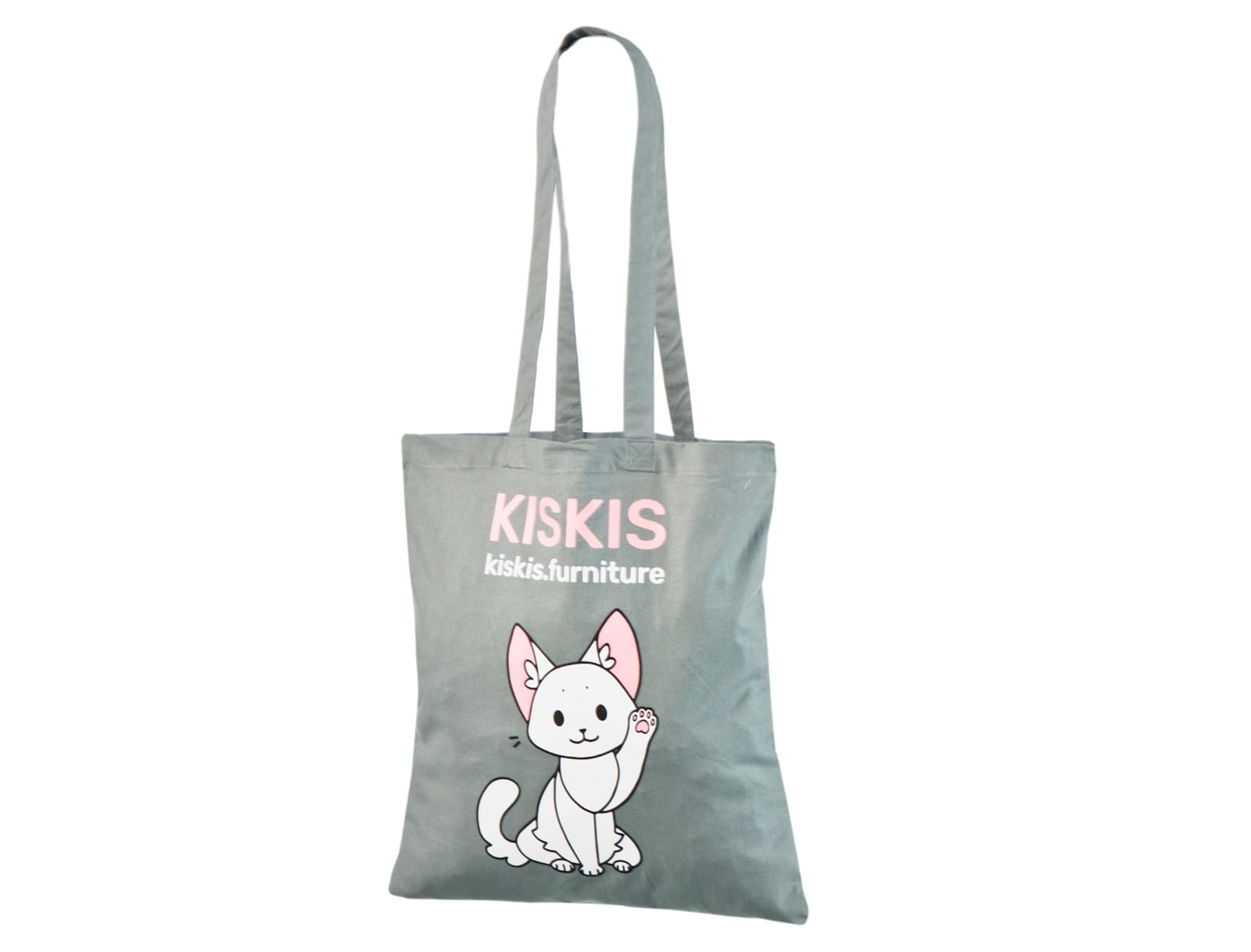 Grå bomuldspose med hvid kat med lyserøde detaljer under KISKIS-navnet og en webadresse.