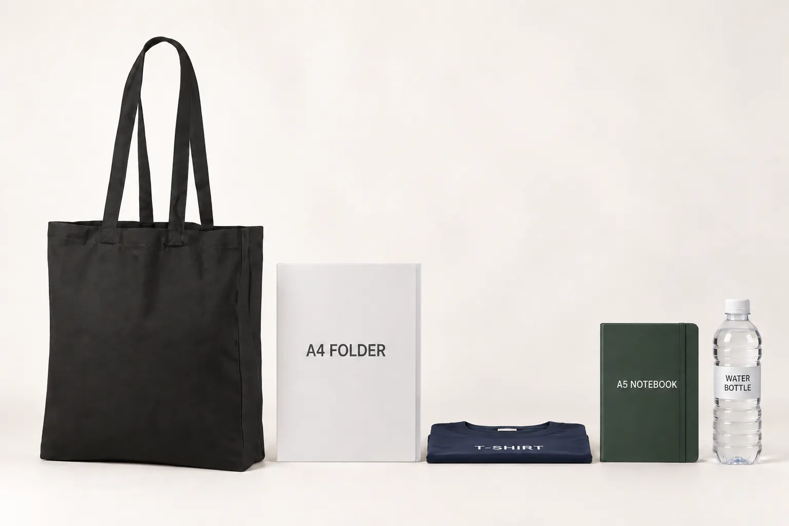 Sort kraftig bomuldspose med fals ved siden af en A4-mappe, en foldet T-shirt, en A5-notesbog og en drikkeflaske.