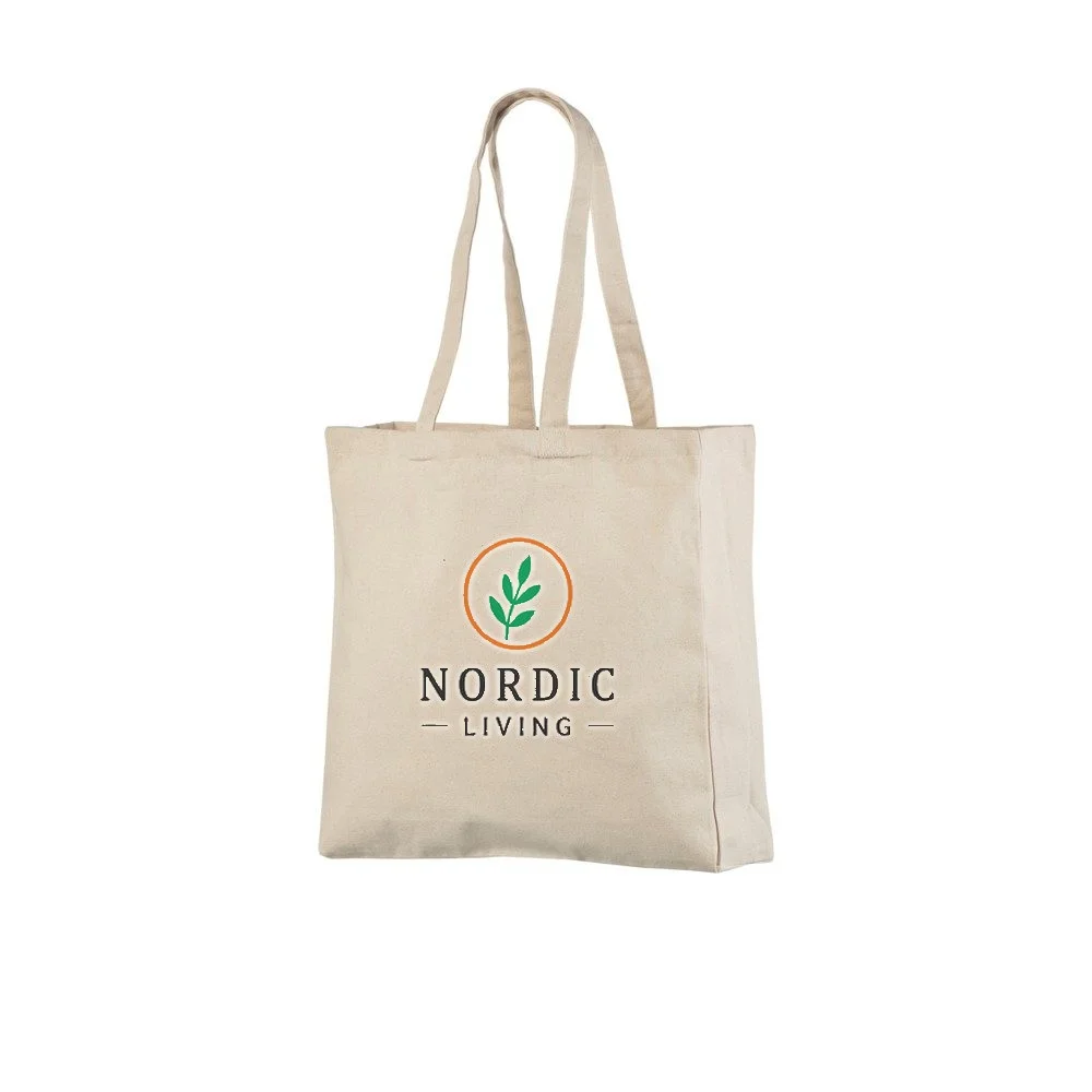 Bomuldspose med fals, 340 g/m², med eksempel på logotryk i tre farver – natur