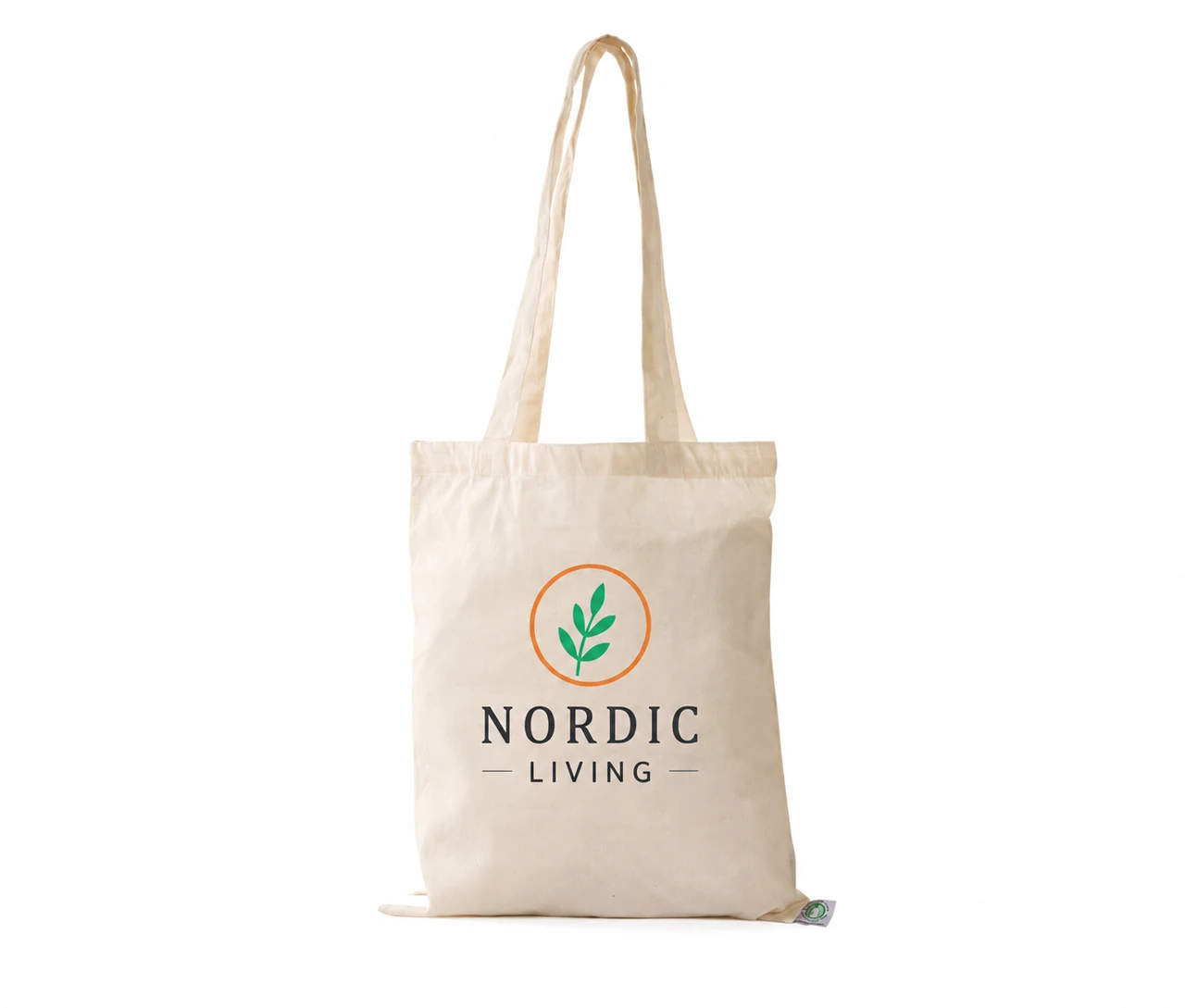 Økologisk bomuldspose, 30 × 35 cm, med eksempel på logotryk i tre farver – natur