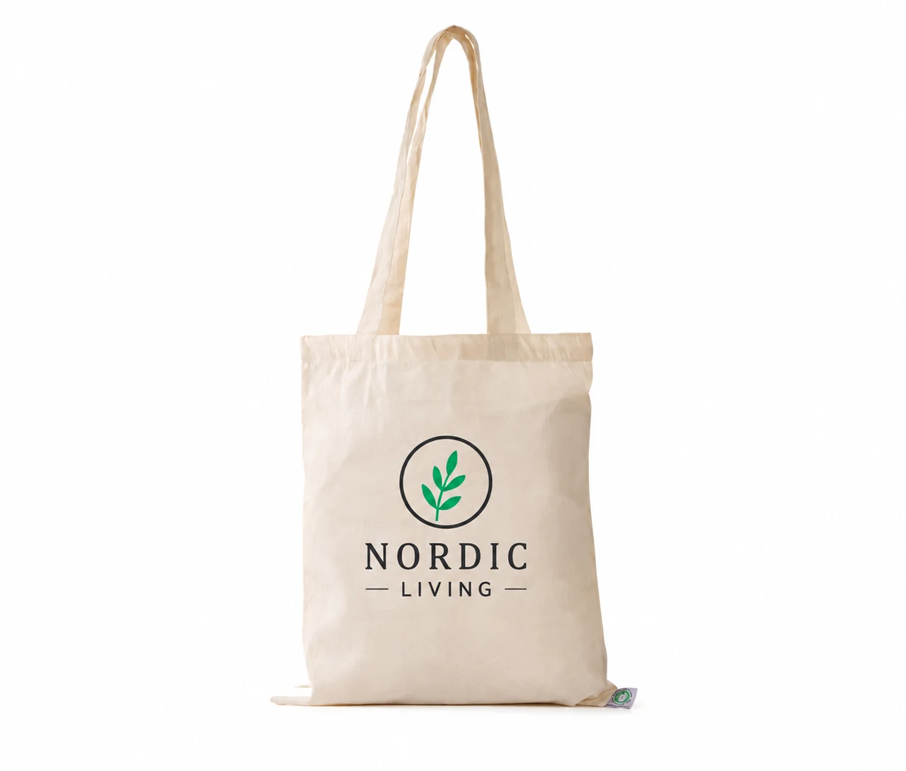 Økologisk bomuldspose, 30 × 35 cm, med eksempel på logotryk i to farver – natur