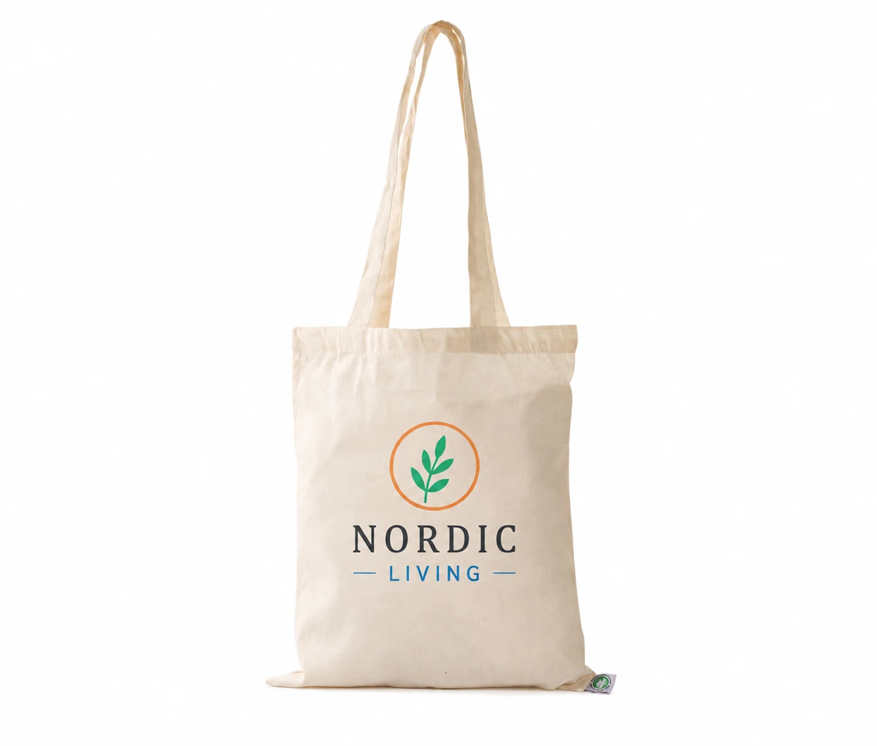 Økologisk bomuldspose, 30 × 35 cm, med eksempel på logotryk i fire farver – natur