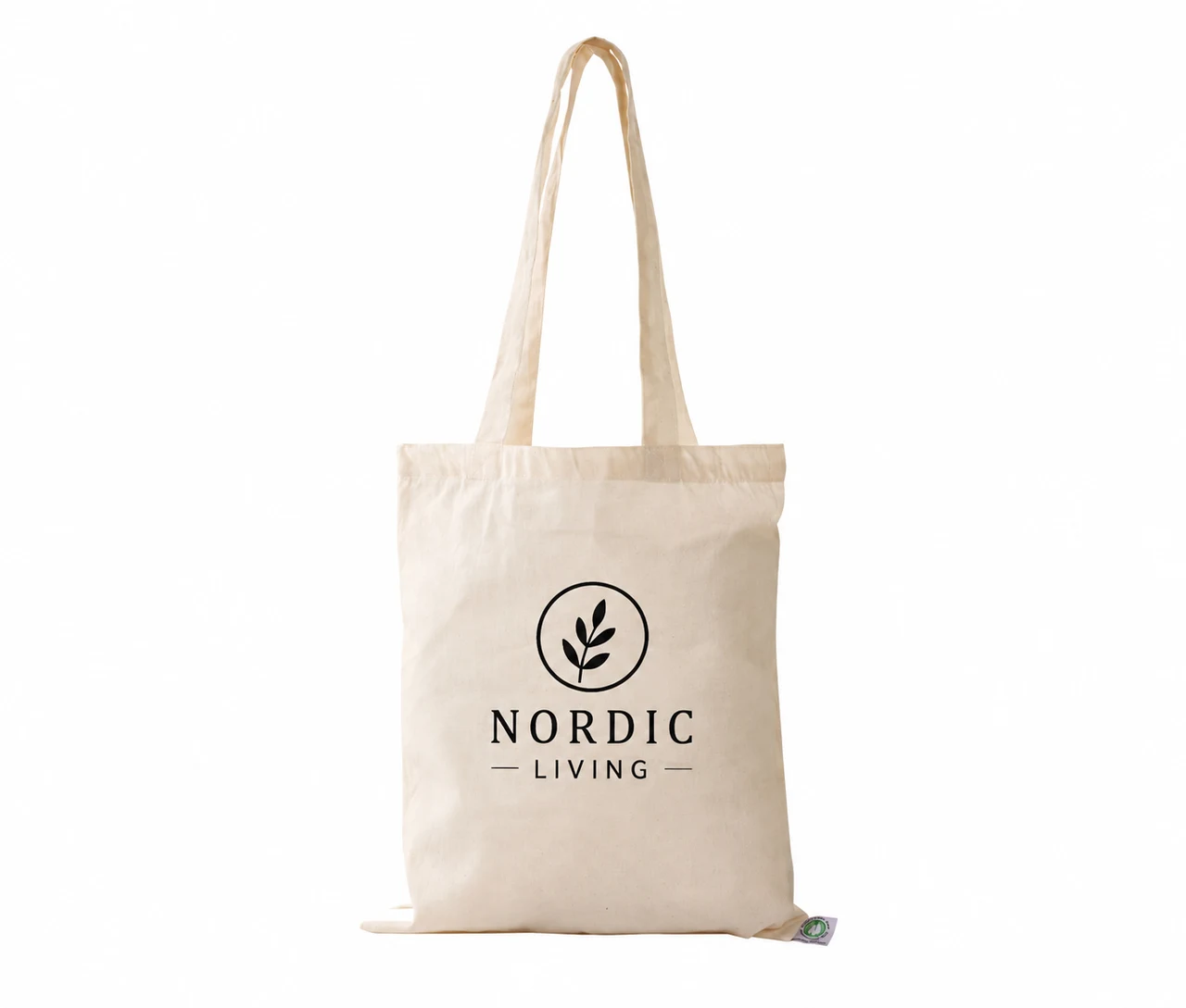 Økologisk bomuldspose, 30 × 35 cm, med eksempel på logotryk i én farve – natur