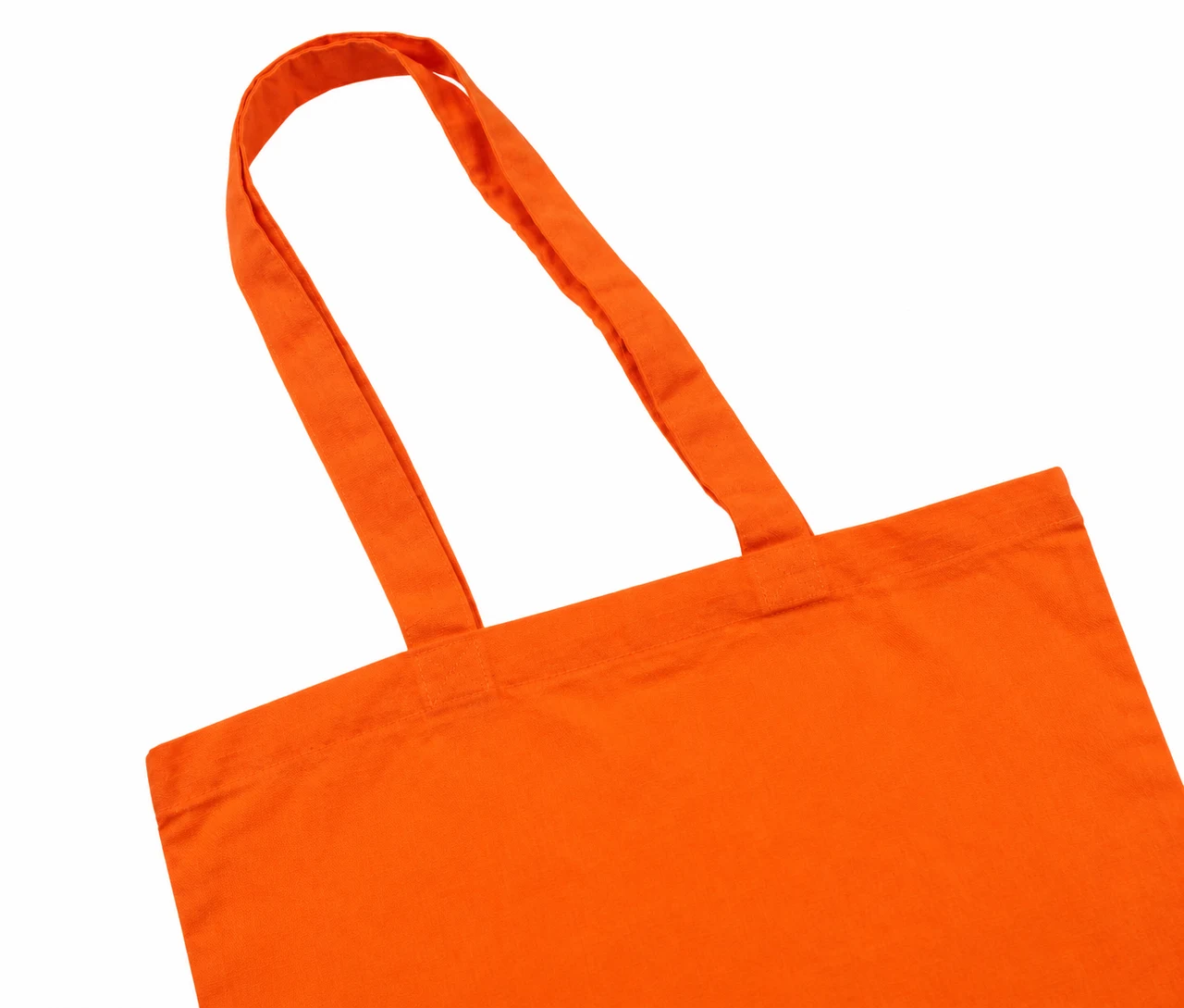 Økologisk bomuldspose, 30 × 35 cm, nærbillede af hankene og syningerne – orange