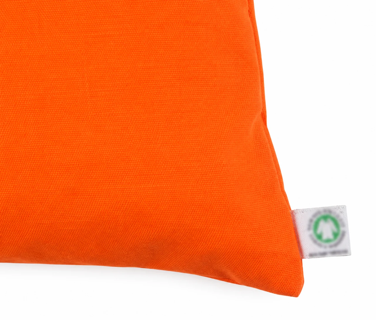 Økologisk bomuldspose, 30 × 35 cm, nærbillede af den indsyede etiket – orange