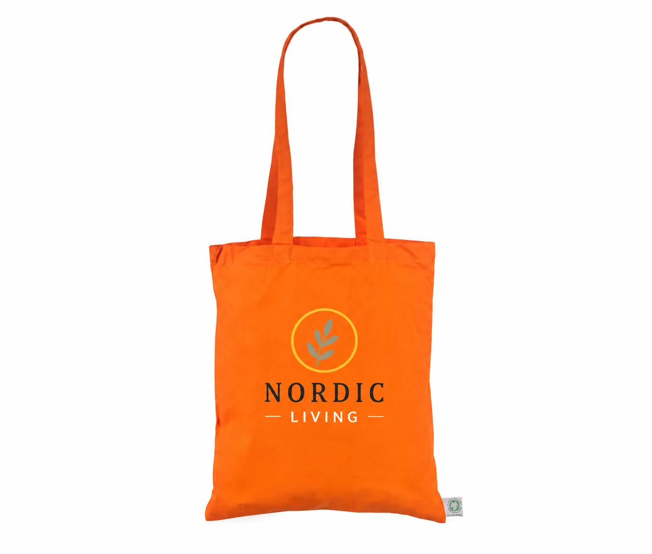 Økologisk bomuldspose, 30 × 35 cm, med eksempel på logotryk i fire farver – orange
