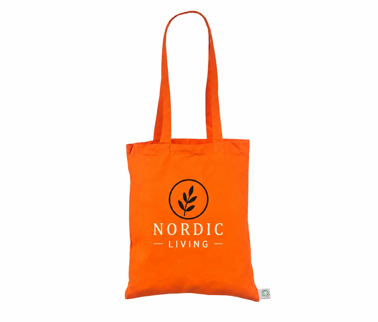 Økologisk bomuldspose, 30 × 35 cm, med eksempel på logotryk i to farver – orange