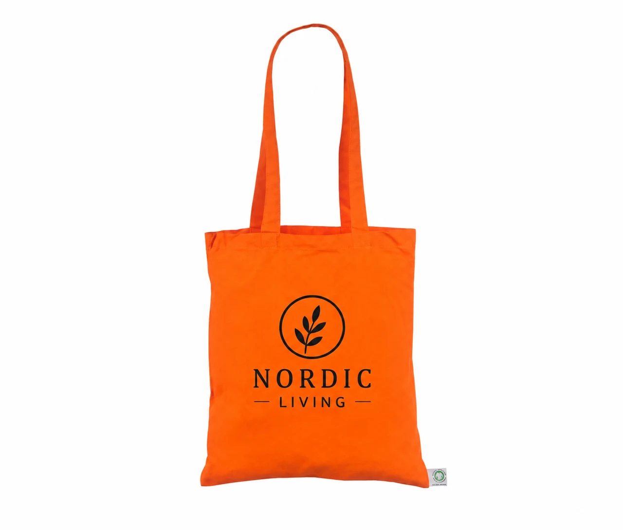 Økologisk bomuldspose, 30 × 35 cm, med eksempel på logotryk i én farve – orange