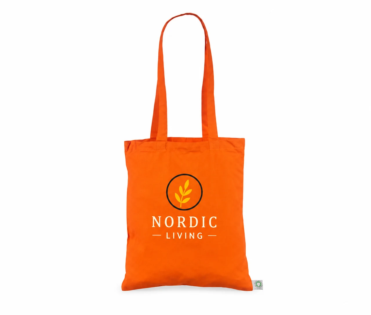 Økologisk bomuldspose, 30 × 35 cm, med eksempel på logotryk i tre farver – orange