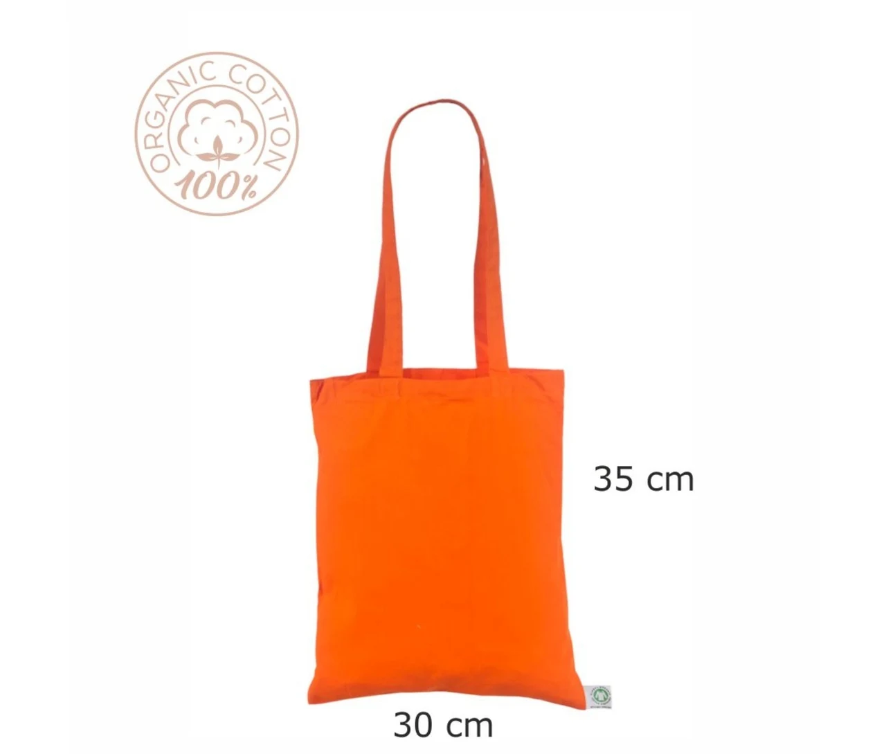 Økologisk bomuldspose, 30 × 35 cm, med angivne mål – orange