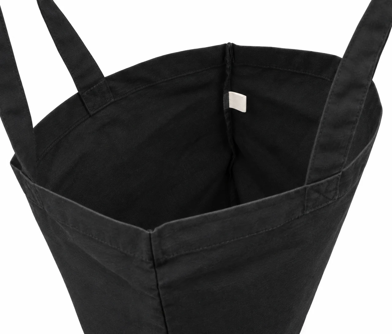 Økologisk bomuldspose, 30 × 35 cm, åbning og indvendig etiket – sort