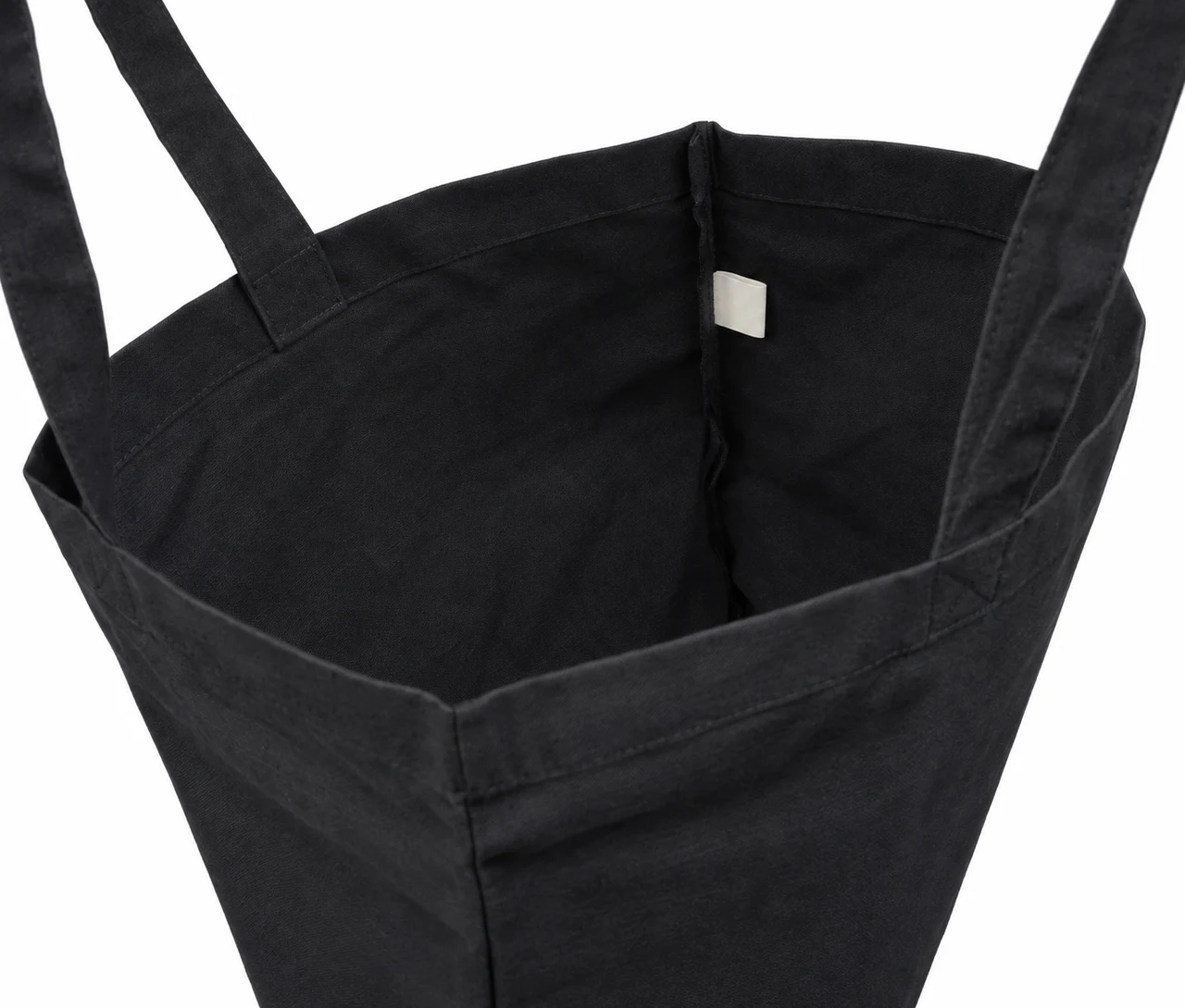 Økologisk bomuldspose, 40 × 40 cm, åbning og indvendig etiket – sort