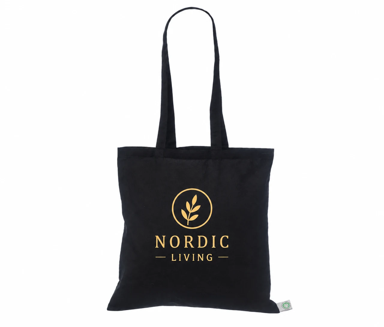 Økologisk bomuldspose, 40 × 40 cm, med eksempel på logotryk i én farve – sort