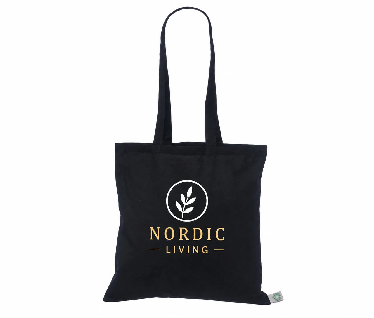 Økologisk bomuldspose, 40 × 40 cm, med eksempel på logotryk i to farver – sort