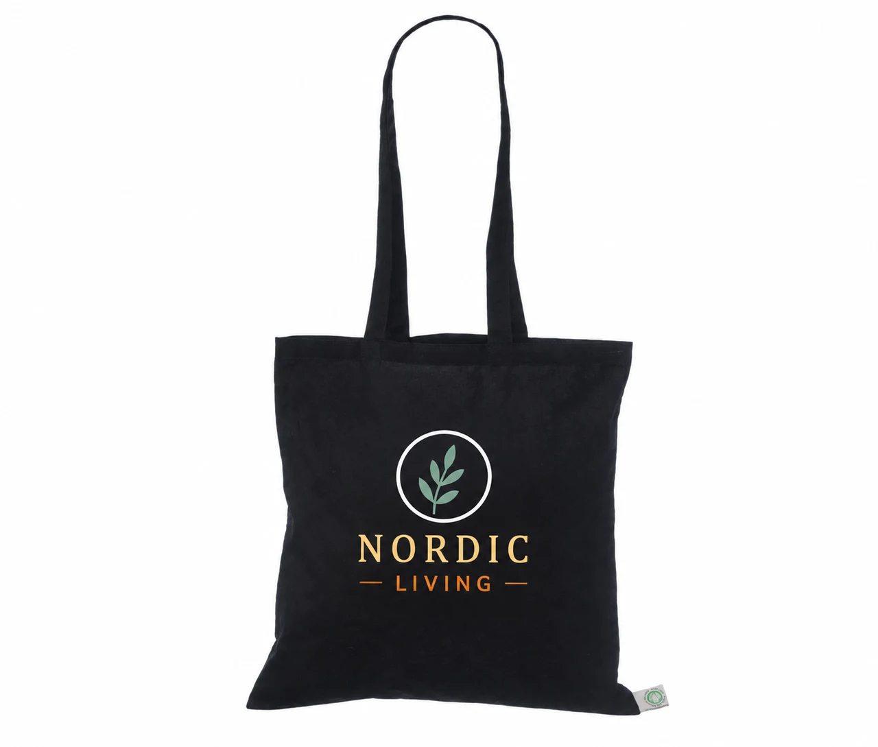Økologisk bomuldspose, 40 × 40 cm, med eksempel på logotryk i fire farver – sort