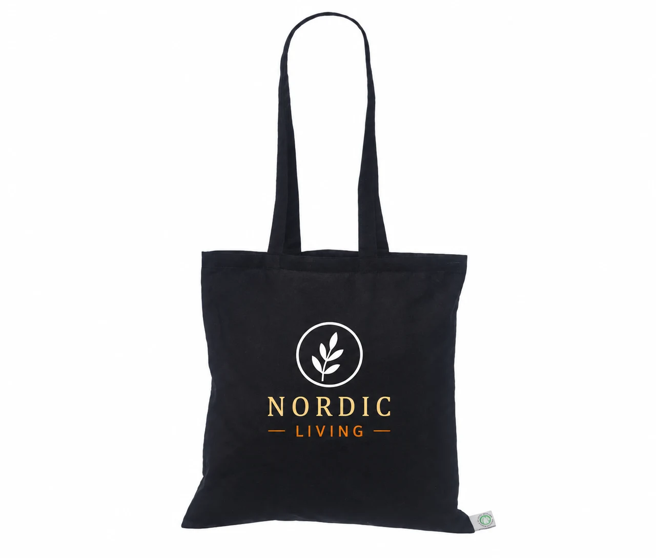 Økologisk bomuldspose, 40 × 40 cm, med eksempel på logotryk i tre farver – sort